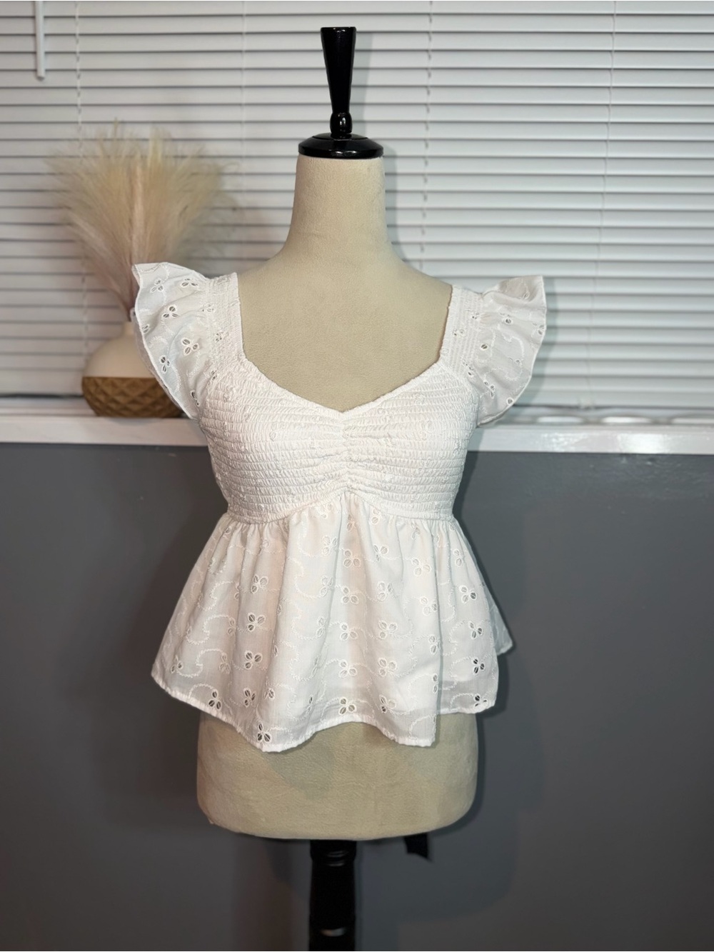 White Eyelet Smocked Peplum Blouse with Flutter Sleeves - Picture 3 of 8
